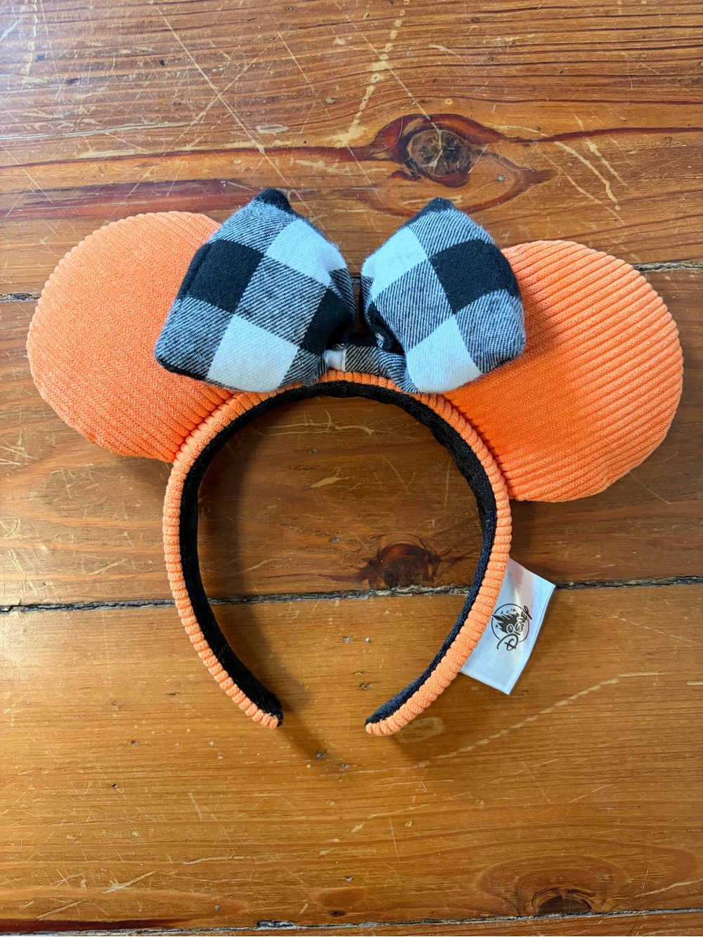 Disney Orange Corduroy Minnie Ears Headband with Black & White Plaid Bow